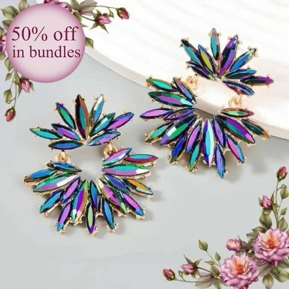 Glamorous Rhinestone Flower Shaped Drop Earrings - Picture 1 of 11
